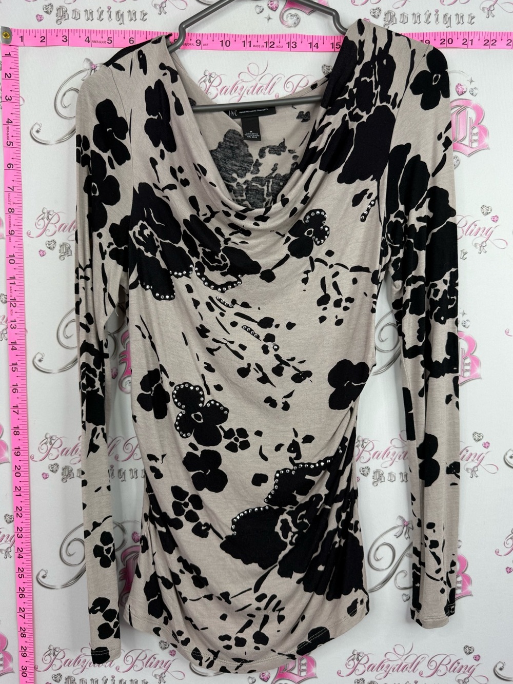 INC shirt rhinestone Women's Beige Floral Cowl Neck Top - Black Print